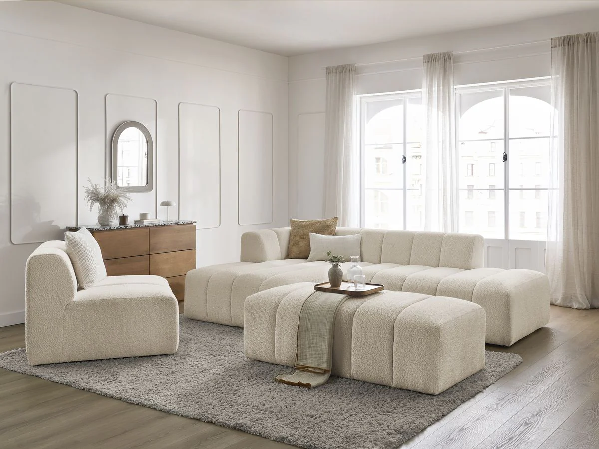 Canapé d'angle fixe modulable ANNECY tissu bouclette avec 1 chauffeuse 1 place et 1 pouf - Image 22