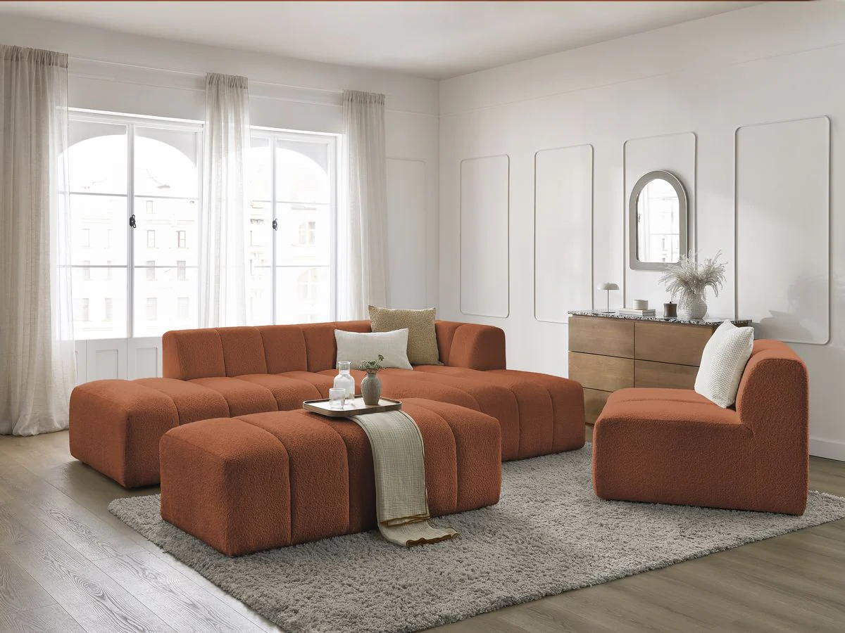 Canapé d'angle fixe modulable ANNECY tissu bouclette avec 1 chauffeuse 1 place et 1 pouf - Image 25