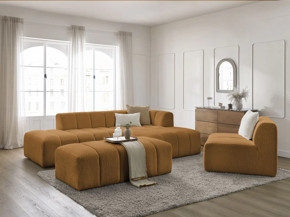 Canapé d'angle fixe modulable ANNECY tissu bouclette avec 1 chauffeuse 1 place et 1 pouf - Image 27