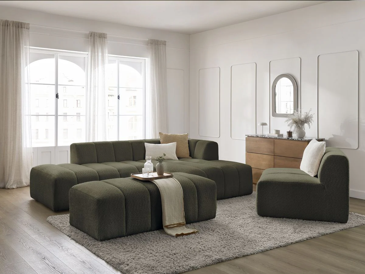 Canapé d'angle fixe modulable ANNECY tissu bouclette avec 1 chauffeuse 1 place et 1 pouf - Image 29