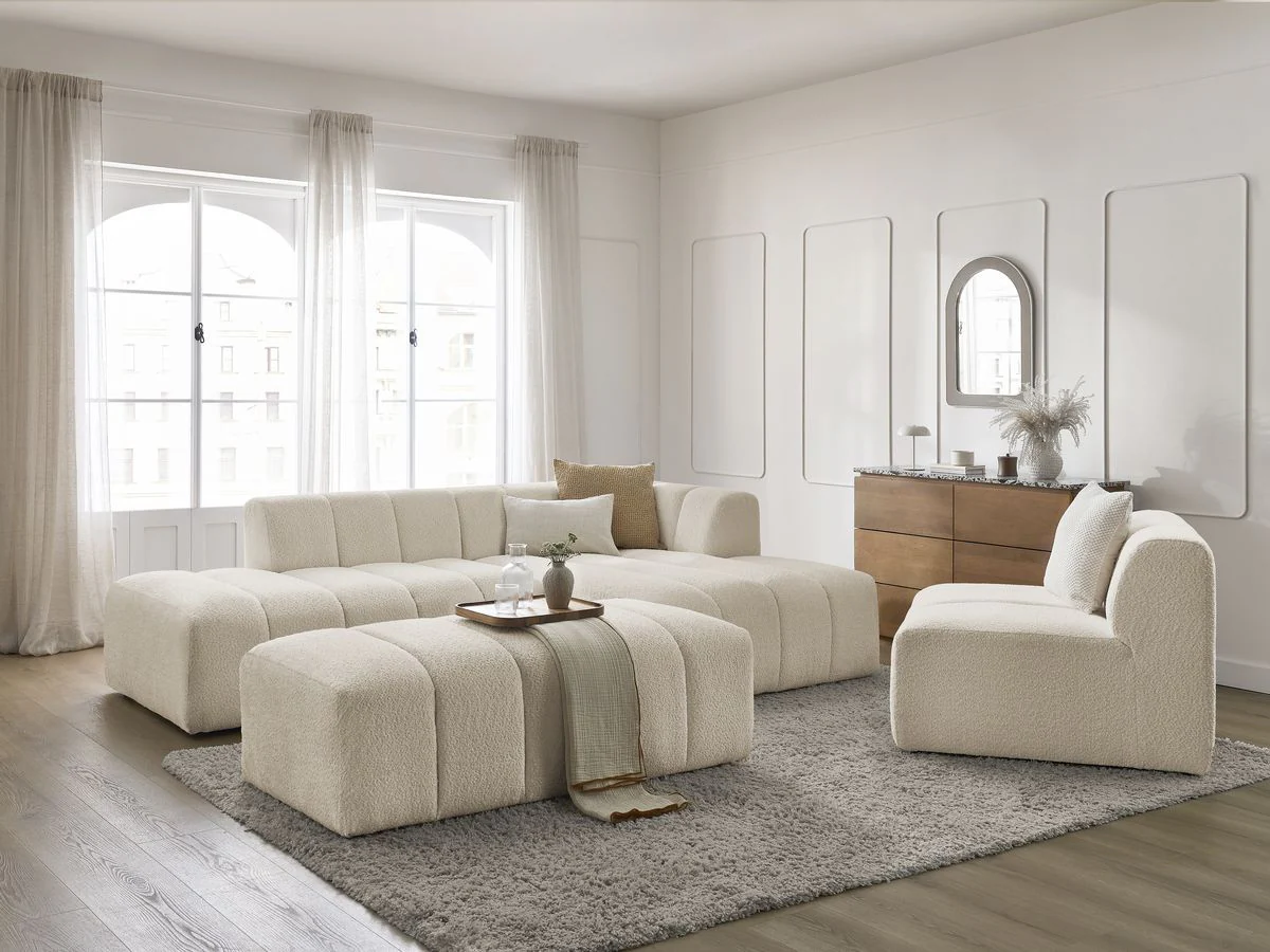 Canapé d'angle fixe modulable ANNECY tissu bouclette avec 1 chauffeuse 1 place et 1 pouf - Image 3