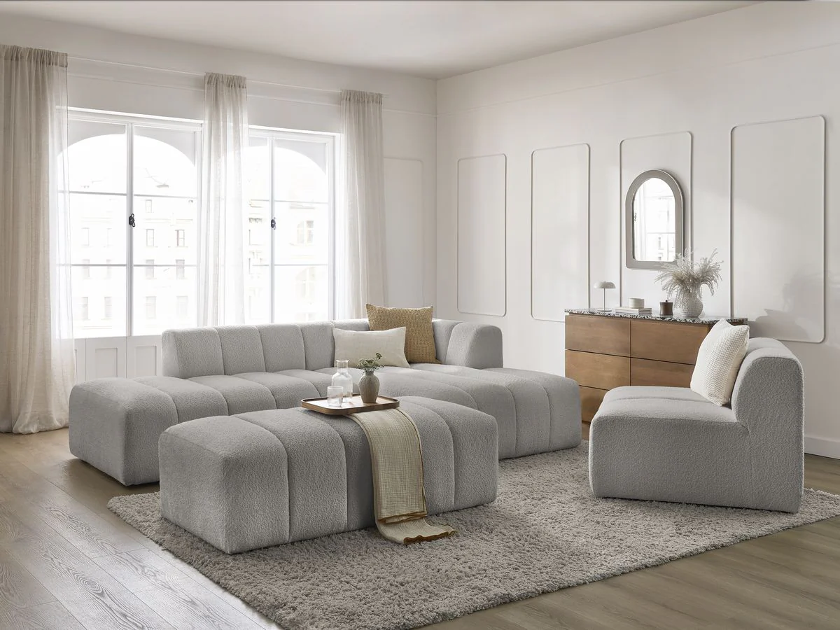 Canapé d'angle fixe modulable ANNECY tissu bouclette avec 1 chauffeuse 1 place et 1 pouf - Image 33