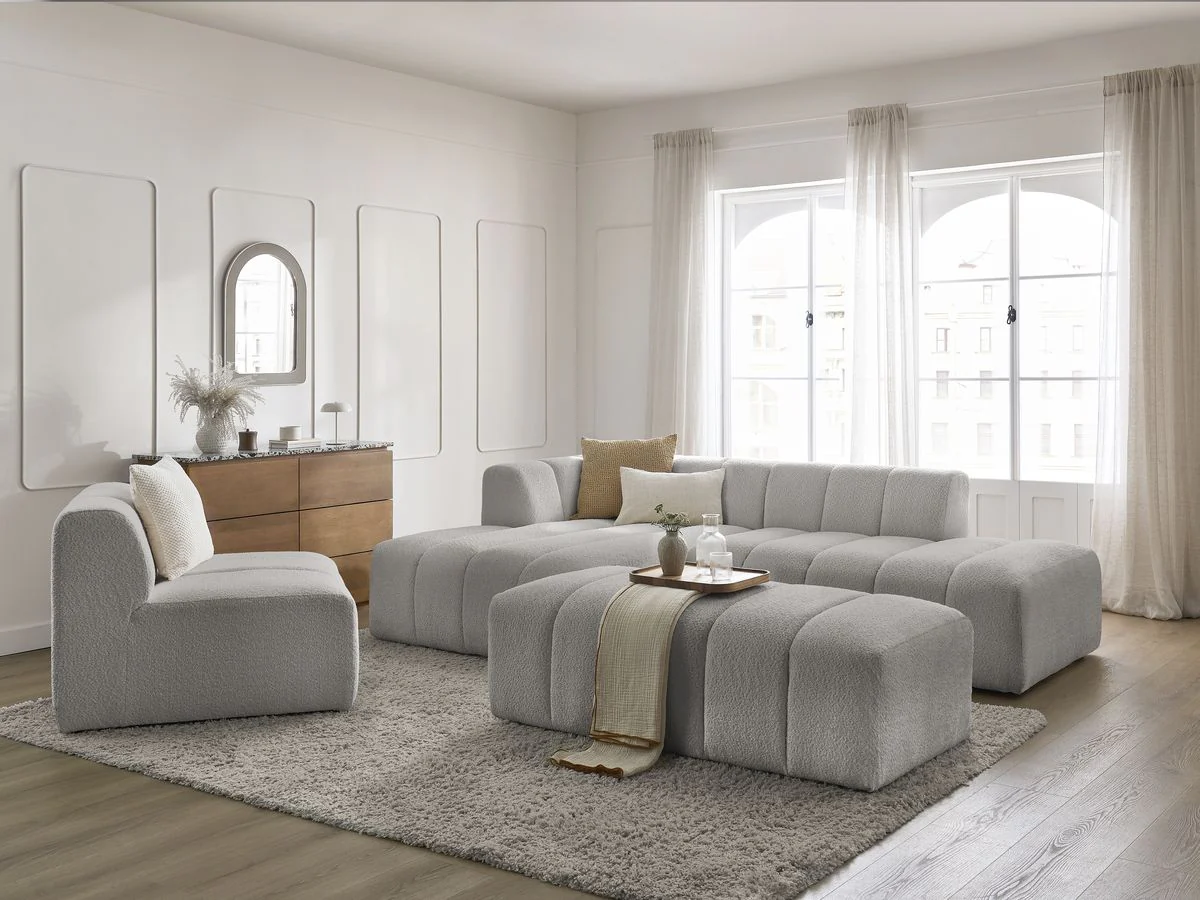 Canapé d'angle fixe modulable ANNECY tissu bouclette avec 1 chauffeuse 1 place et 1 pouf - Image 34