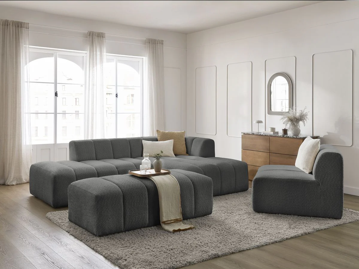 Canapé d'angle fixe modulable ANNECY tissu bouclette avec 1 chauffeuse 1 place et 1 pouf - Image 35