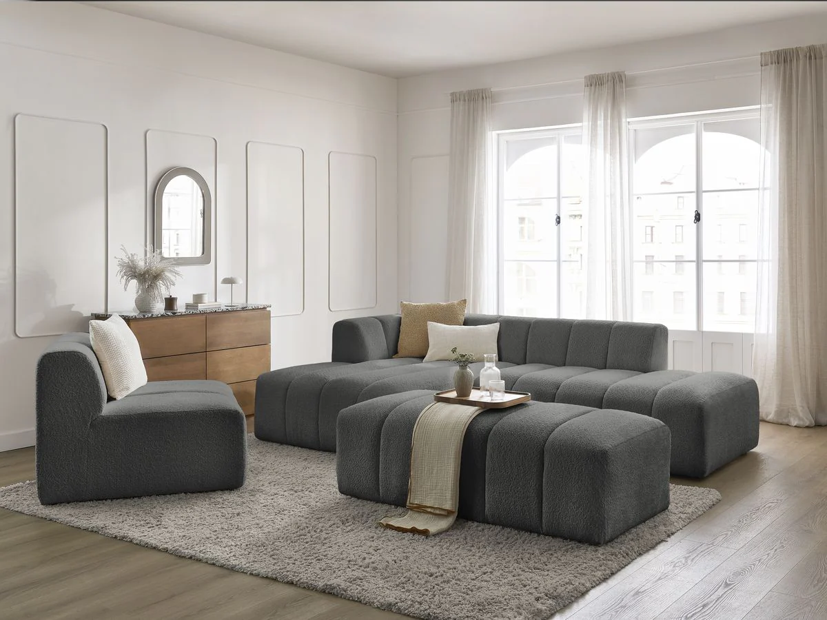 Canapé d'angle fixe modulable ANNECY tissu bouclette avec 1 chauffeuse 1 place et 1 pouf - Image 36