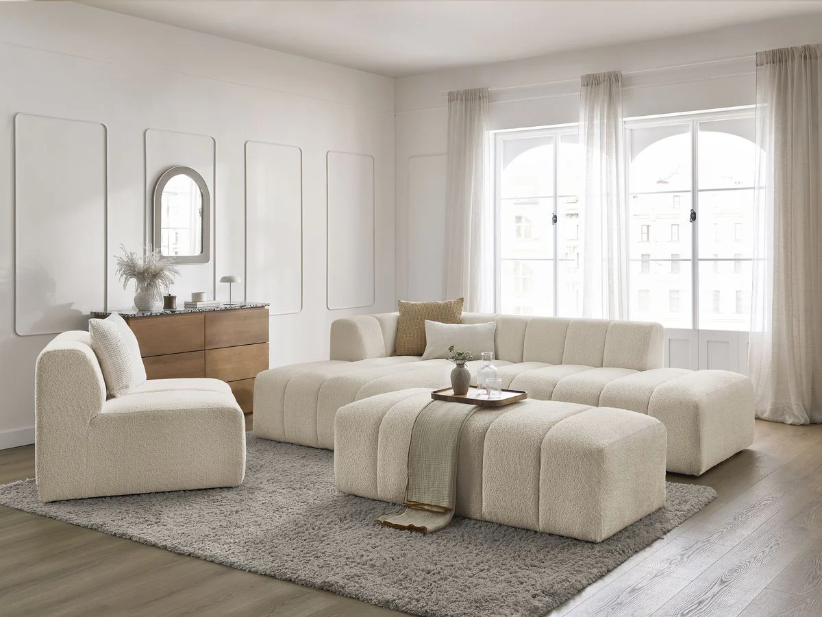 Canapé d'angle fixe modulable ANNECY tissu bouclette avec 1 chauffeuse 1 place et 1 pouf - Image 4