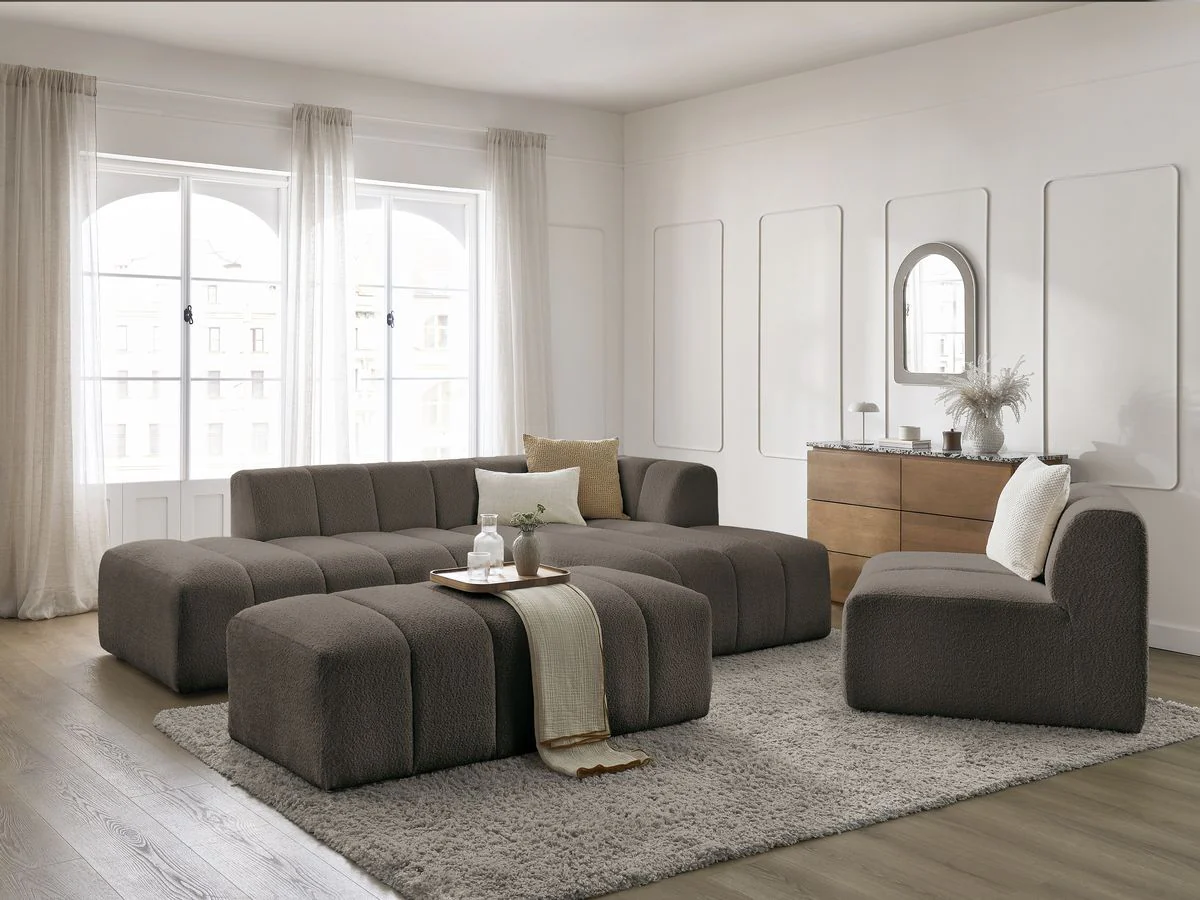 Canapé d'angle fixe modulable ANNECY tissu bouclette avec 1 chauffeuse 1 place et 1 pouf - Image 5