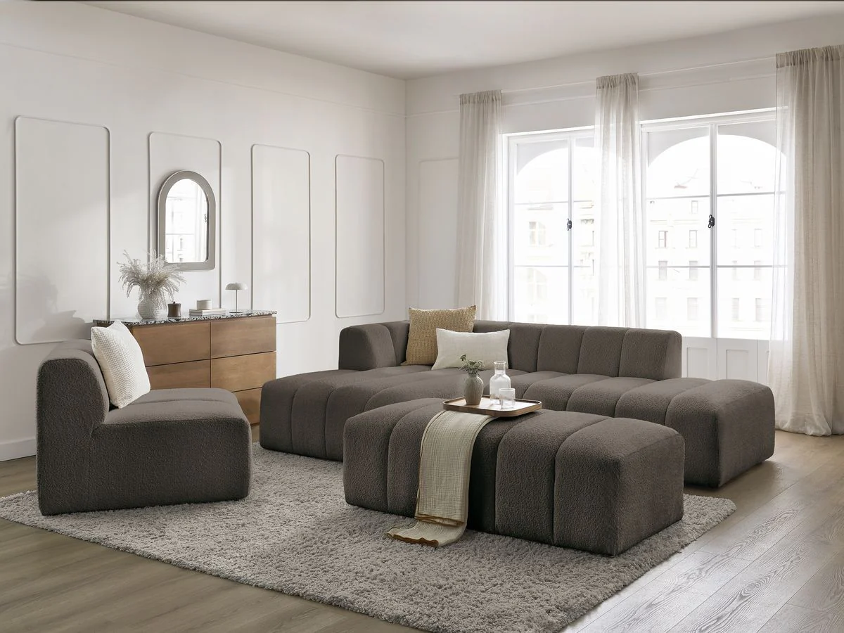 Canapé d'angle fixe modulable ANNECY tissu bouclette avec 1 chauffeuse 1 place et 1 pouf - Image 6