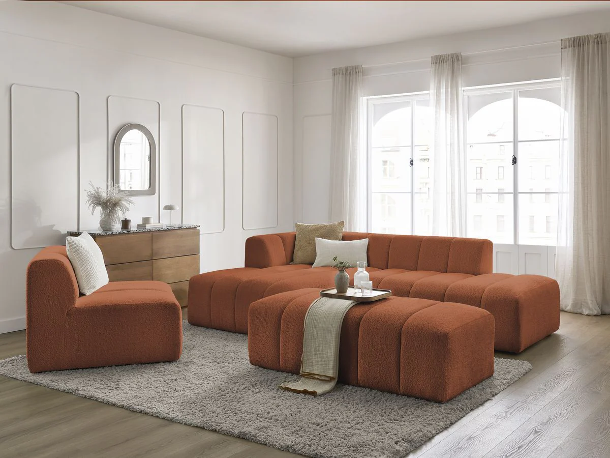 Canapé d'angle fixe modulable ANNECY tissu bouclette avec 1 chauffeuse 1 place et 1 pouf - Image 8