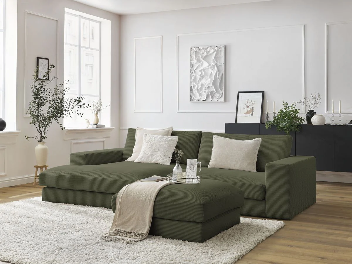 Canapé d'angle fixe compact LEONARD velours côtelé avec pouf - Image 10