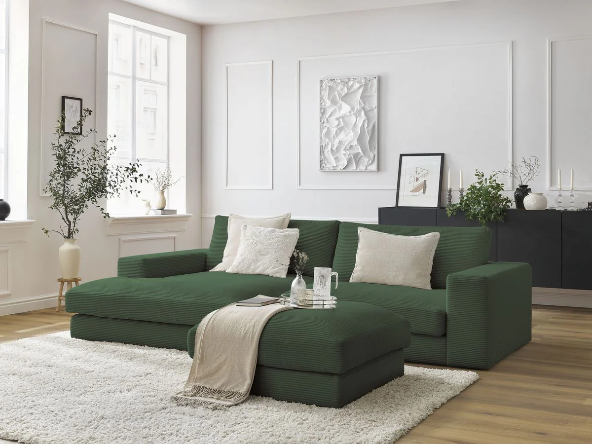 Canapé d'angle fixe compact LEONARD velours côtelé avec pouf - Image 12