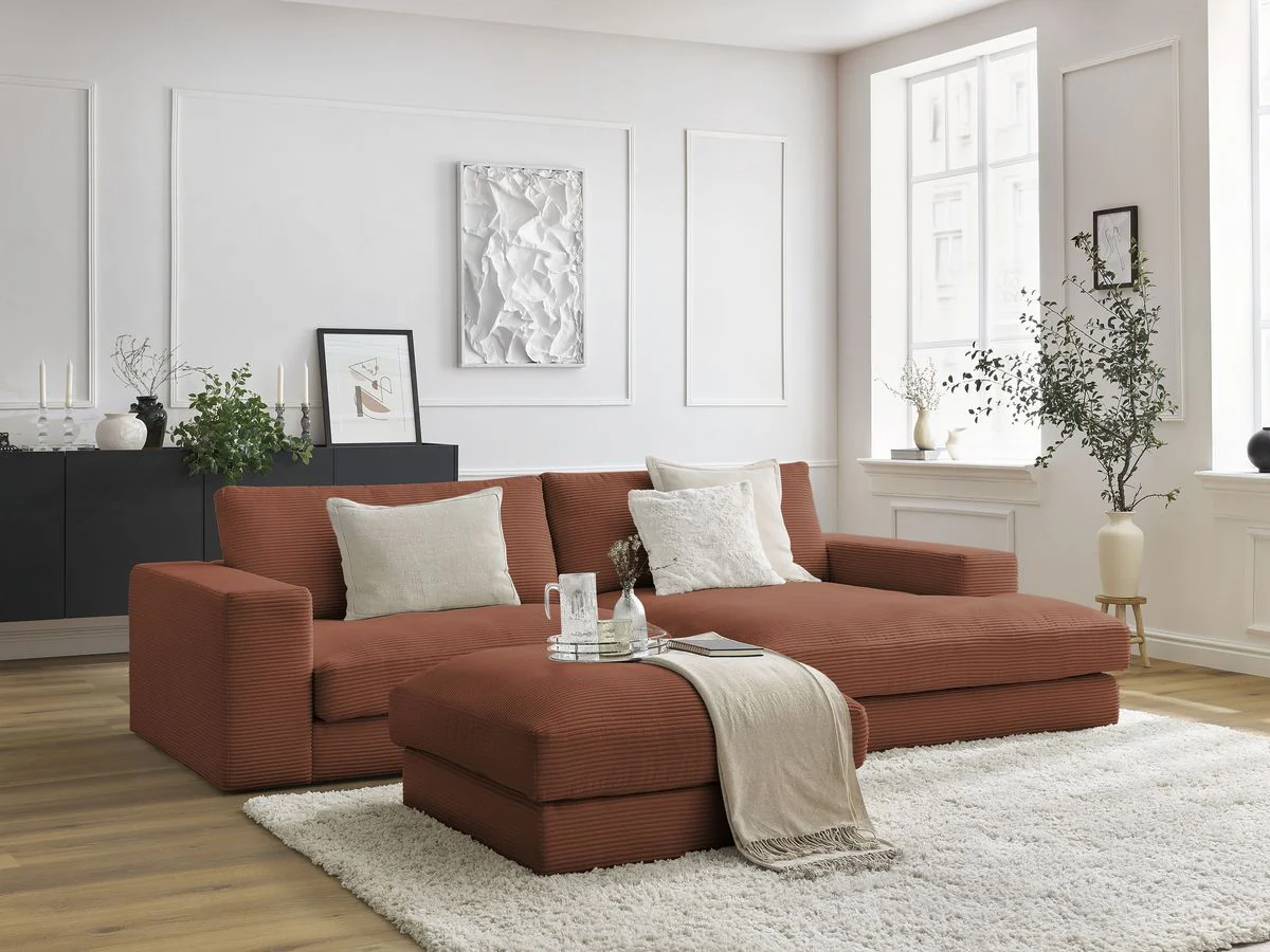 Canapé d'angle fixe compact LEONARD velours côtelé avec pouf - Image 13