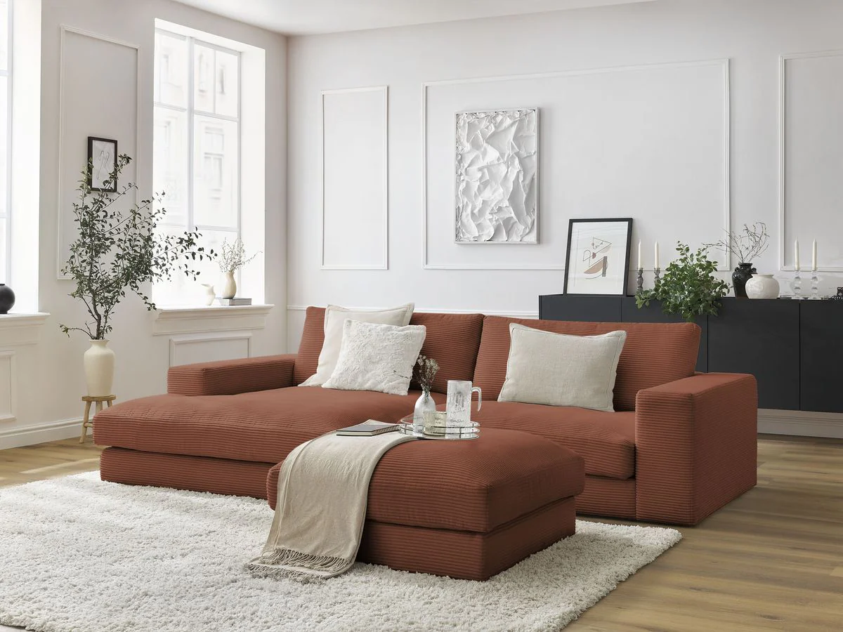 Canapé d'angle fixe compact LEONARD velours côtelé avec pouf - Image 14
