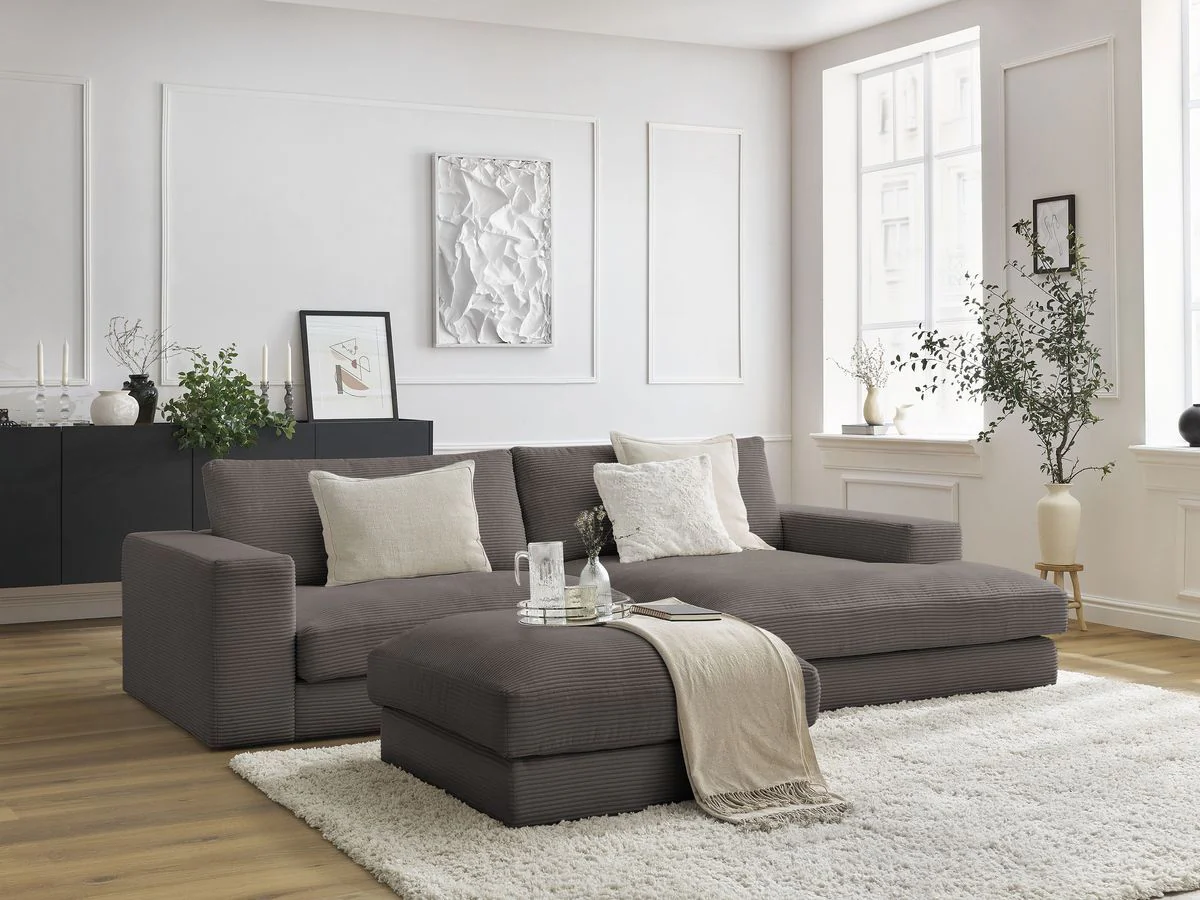 Canapé d'angle fixe compact LEONARD velours côtelé avec pouf - Image 15