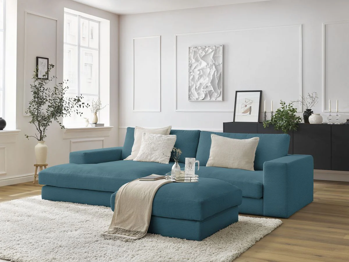 Canapé d'angle fixe compact LEONARD velours côtelé avec pouf - Image 26
