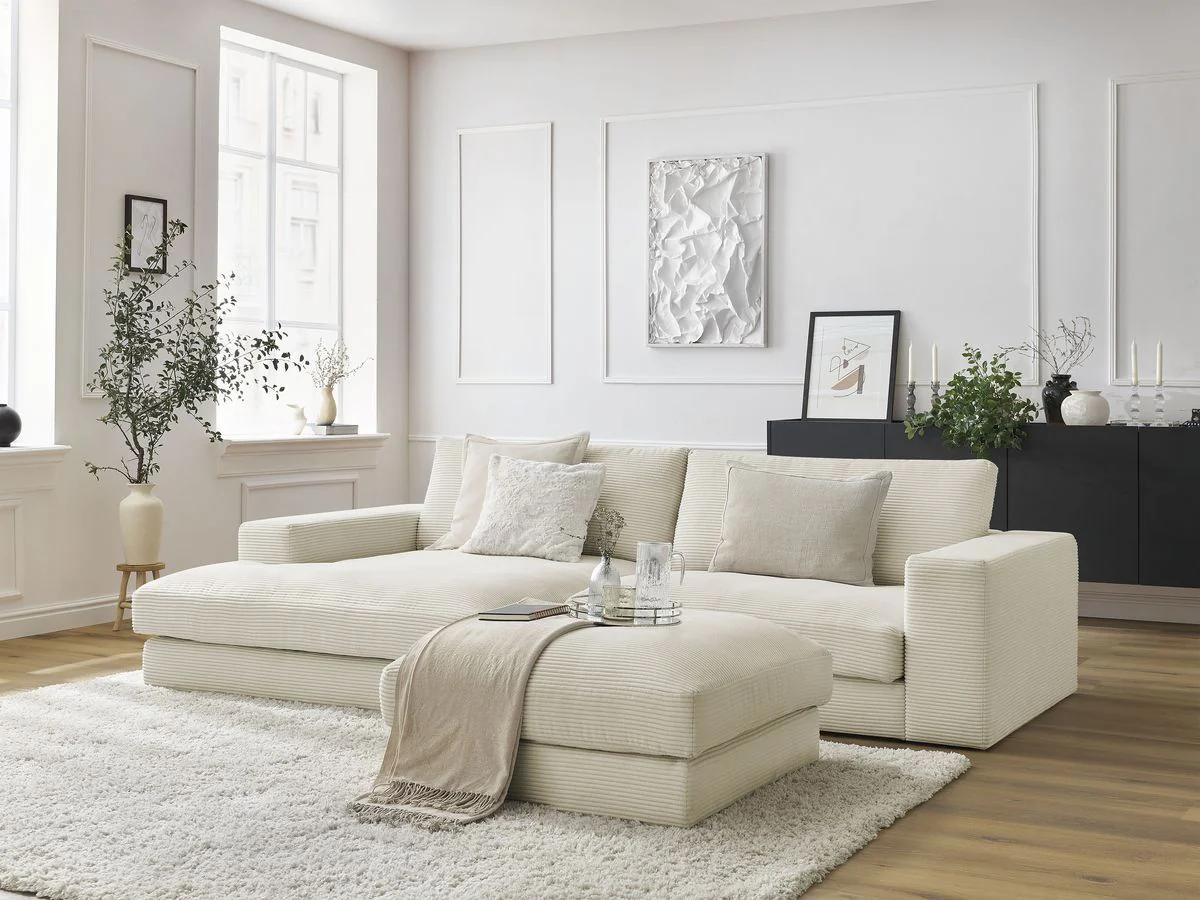 Canapé d'angle fixe compact LEONARD velours côtelé avec pouf - Image 3