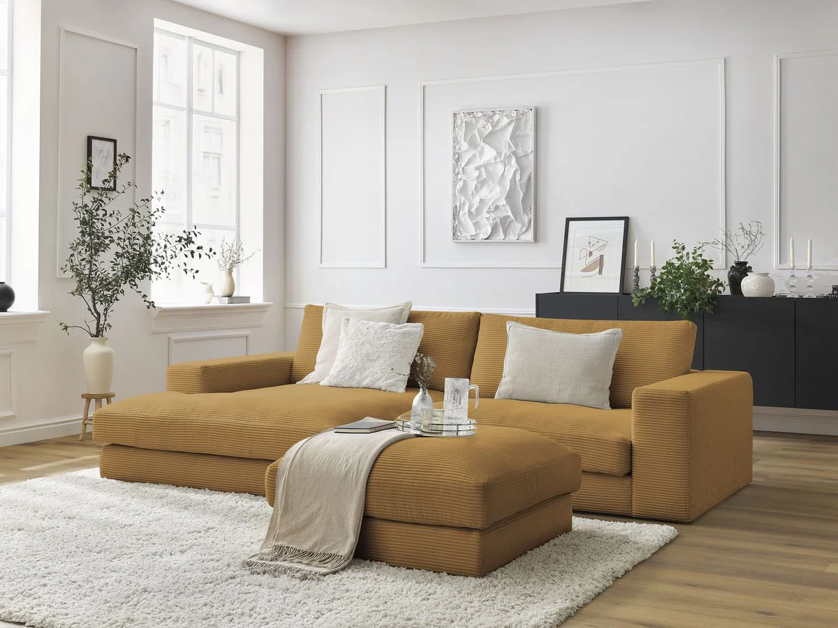 Canapé d'angle fixe compact LEONARD velours côtelé avec pouf - Image 30