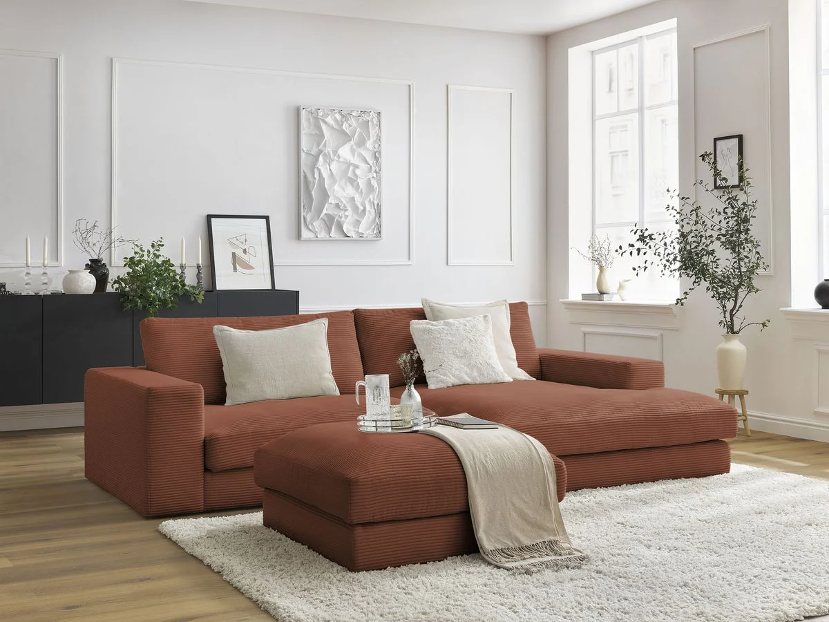 Canapé d'angle fixe compact LEONARD velours côtelé avec pouf - Image 35