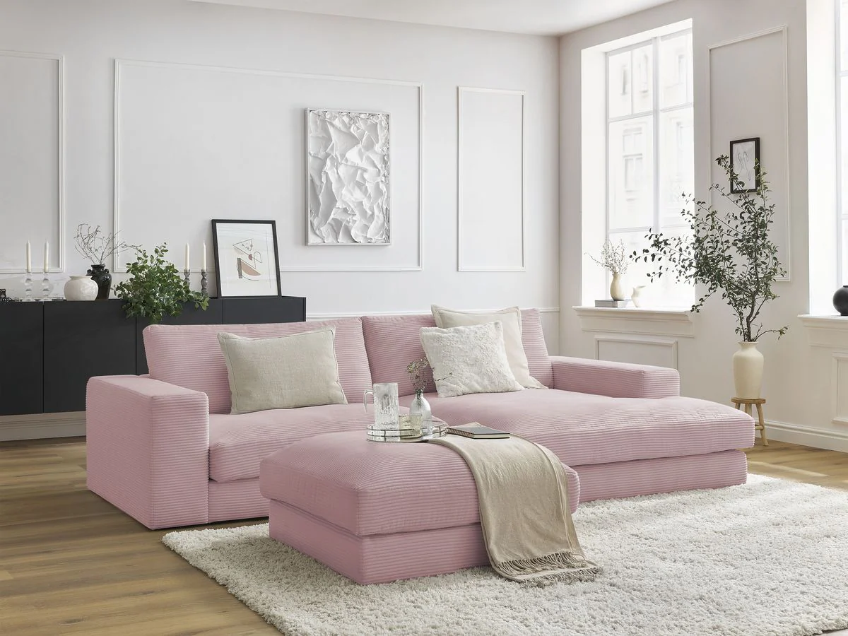 Canapé d'angle fixe compact LEONARD velours côtelé avec pouf - Image 39