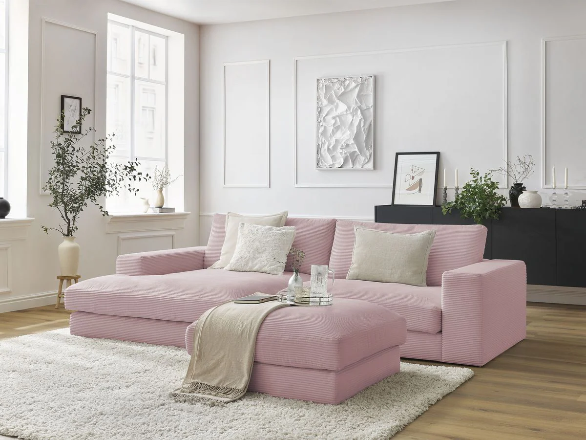 Canapé d'angle fixe compact LEONARD velours côtelé avec pouf - Image 40