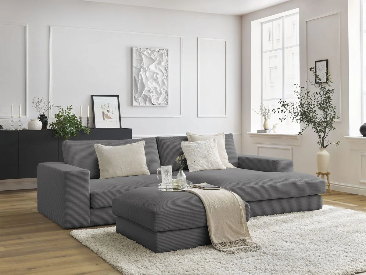 Canapé d'angle fixe compact LEONARD velours côtelé avec pouf - Image 43