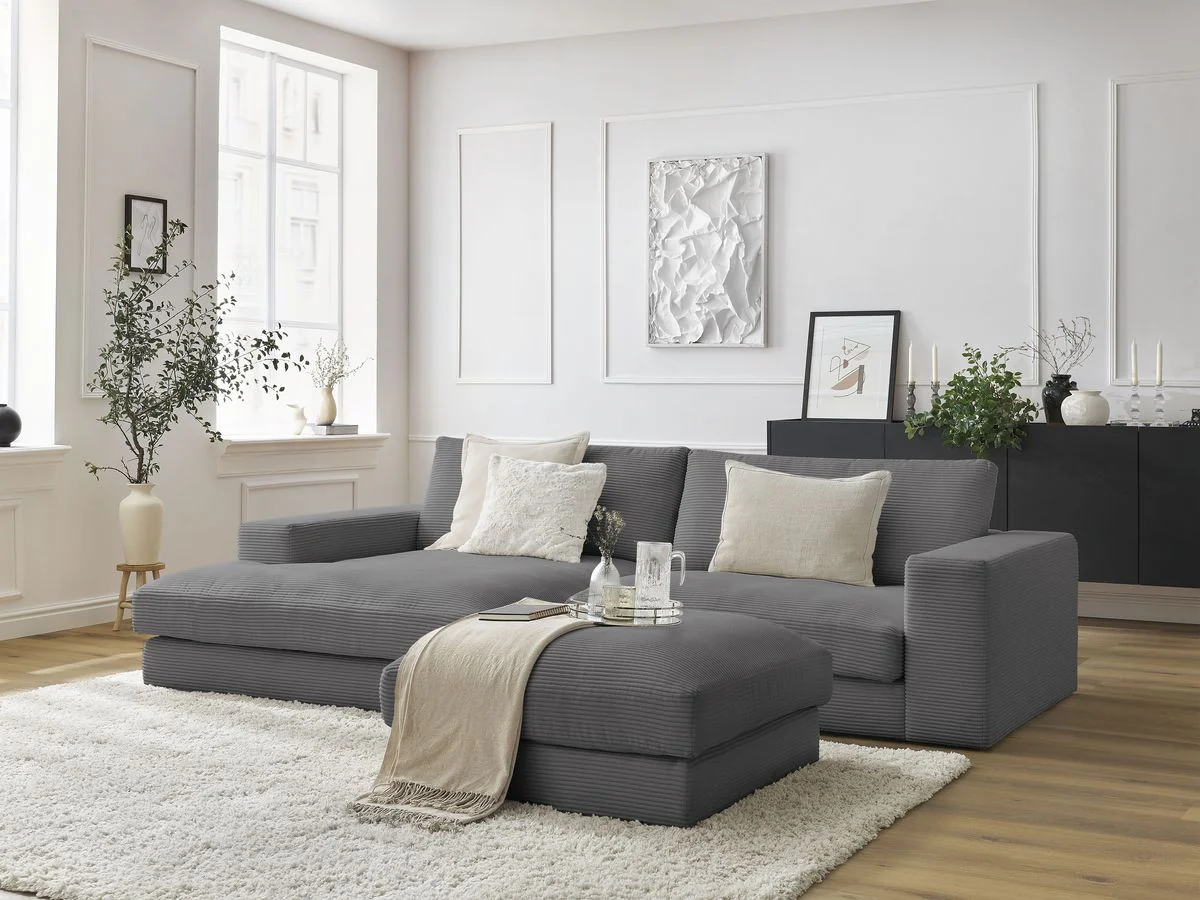 Canapé d'angle fixe compact LEONARD velours côtelé avec pouf - Image 44