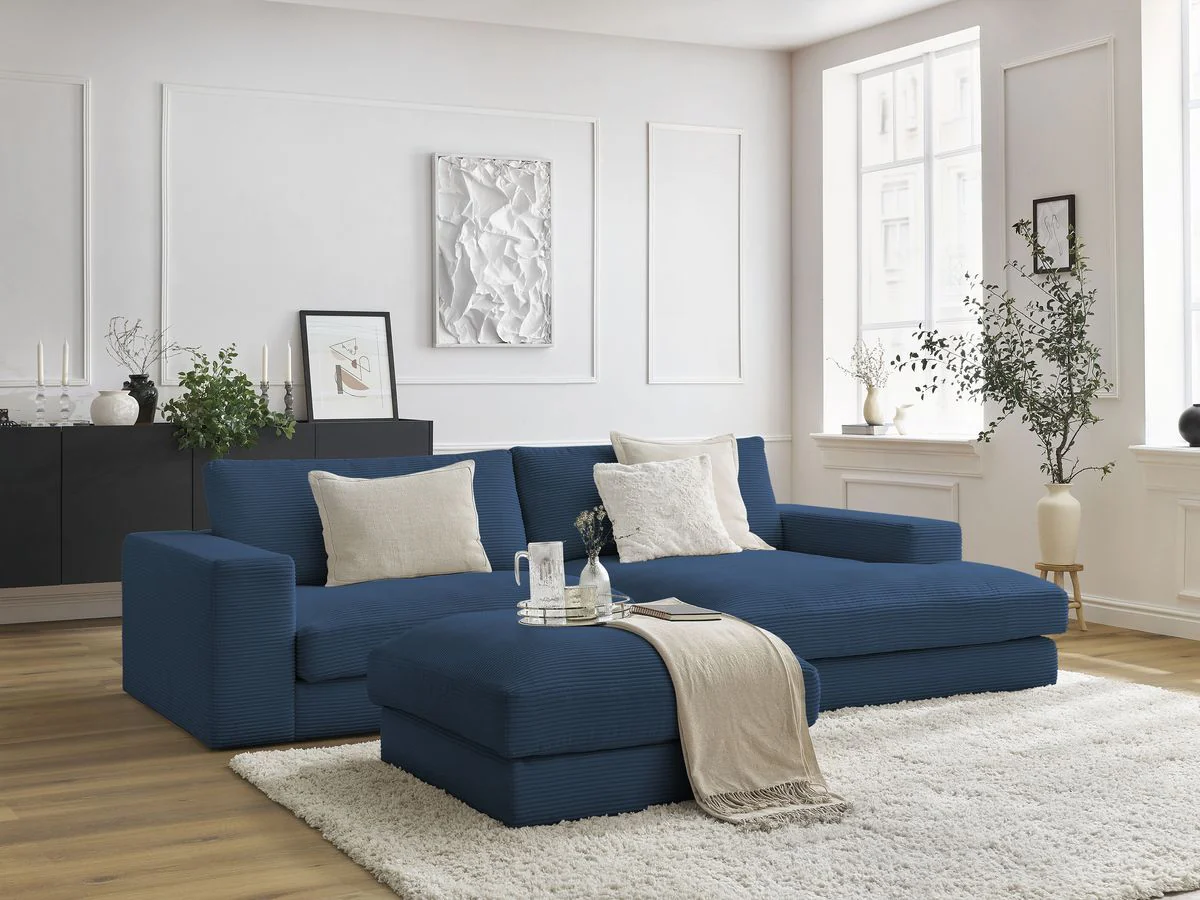 Canapé d'angle fixe compact LEONARD velours côtelé avec pouf - Image 5