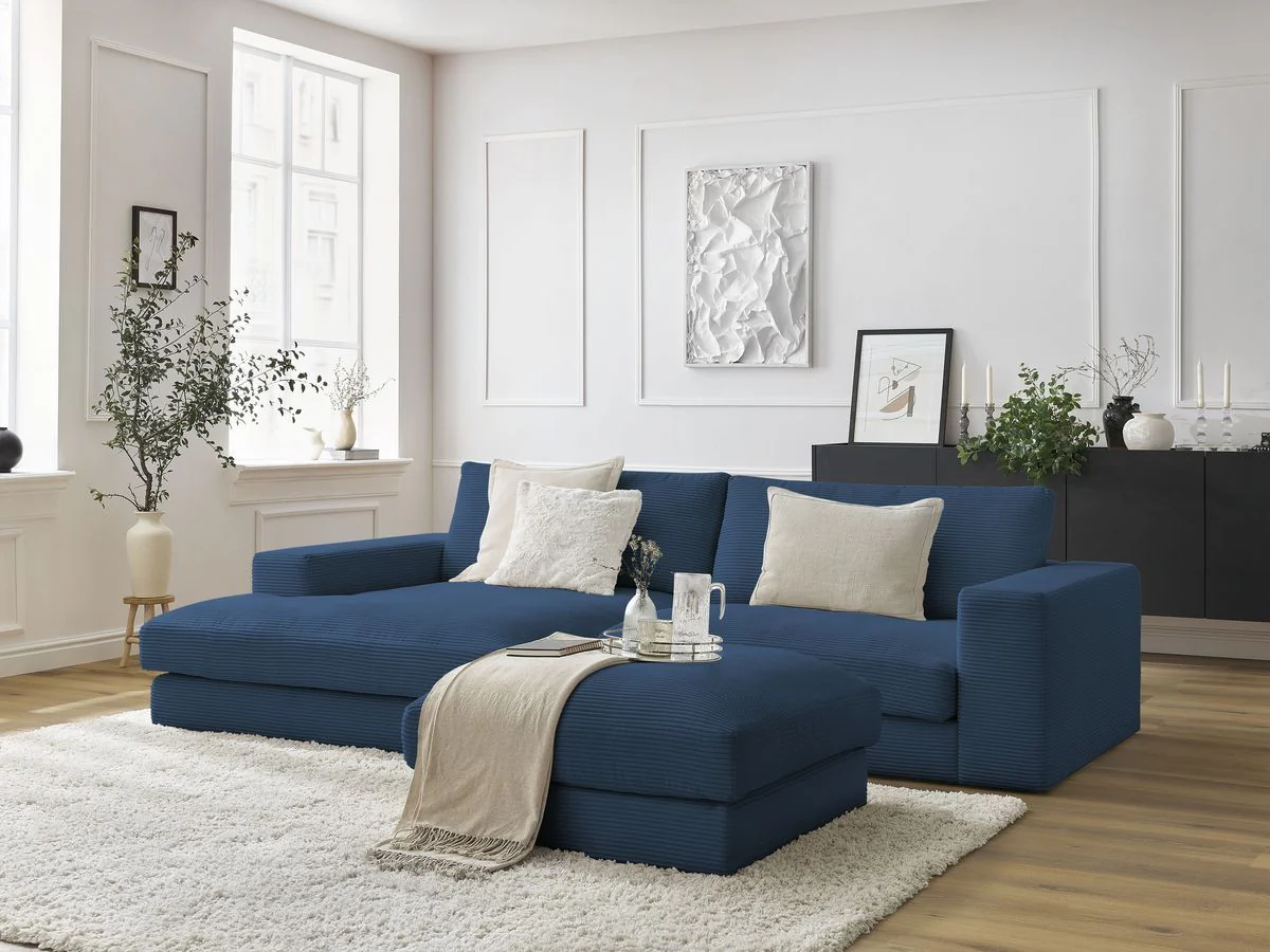 Canapé d'angle fixe compact LEONARD velours côtelé avec pouf - Image 6