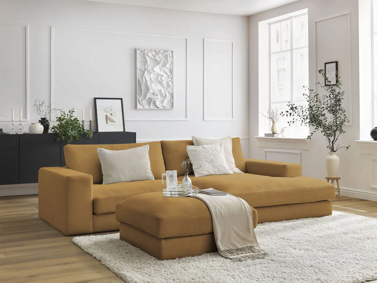 Canapé d'angle fixe compact LEONARD velours côtelé avec pouf - Image 7