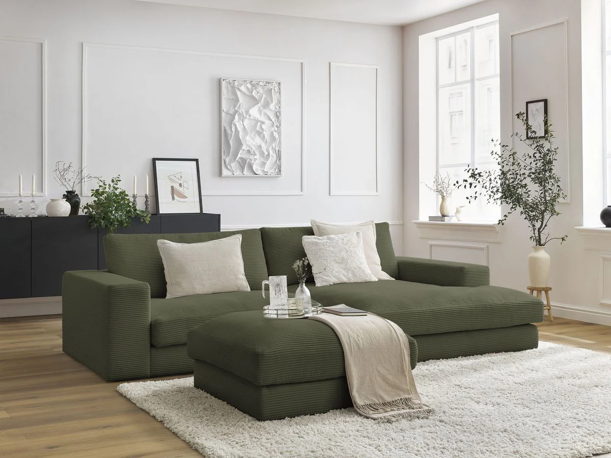 Canapé d'angle fixe compact LEONARD velours côtelé avec pouf - Image 9