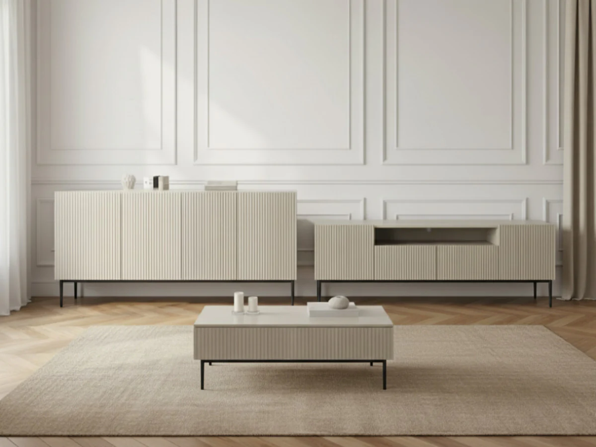 Ensemble KASHA avec meuble TV 200 cm avec niche + buffet 4 portes 200 cm + table basse pieds noirs - Image 4