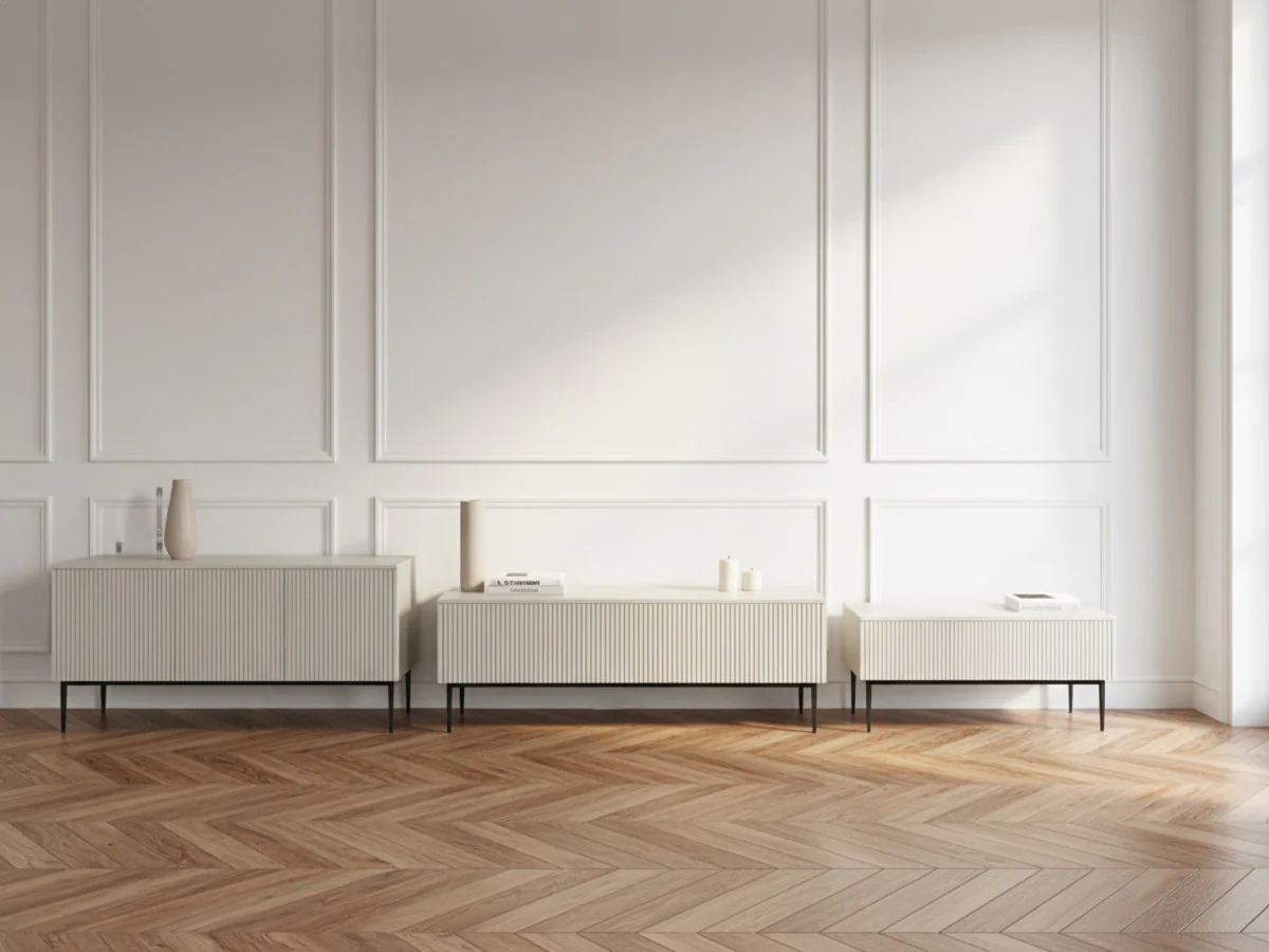 Ensemble KASHA avec meuble TV 200 cm + buffet 4 portes 200 cm + table basse pieds noirs