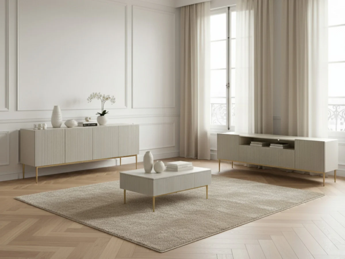 Ensemble KASHA avec Meuble TV 200 cm avec niche + Buffet 4 portes 200 cm pieds or - Image 2