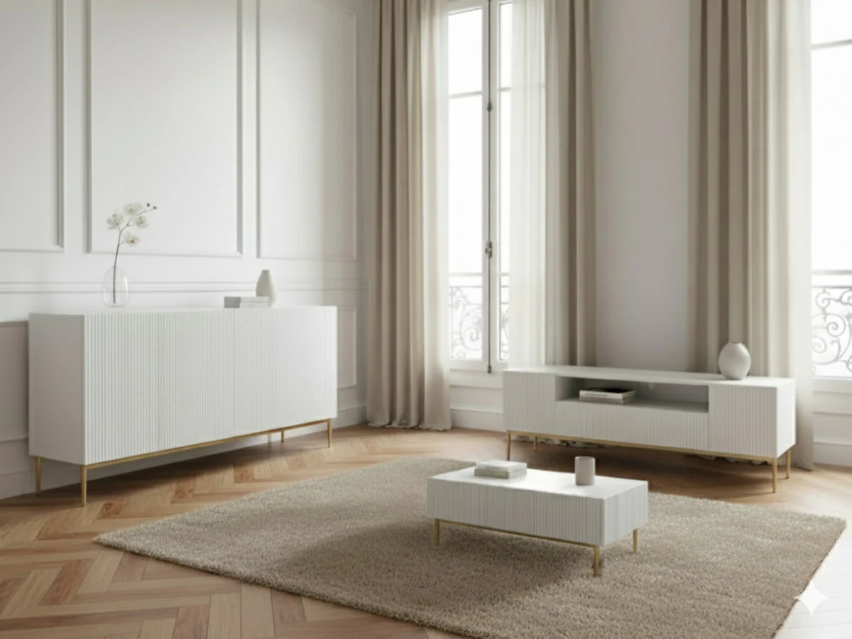 Ensemble KASHA avec Meuble TV 200 cm avec niche + Buffet 4 portes 200 cm pieds or - Image 3