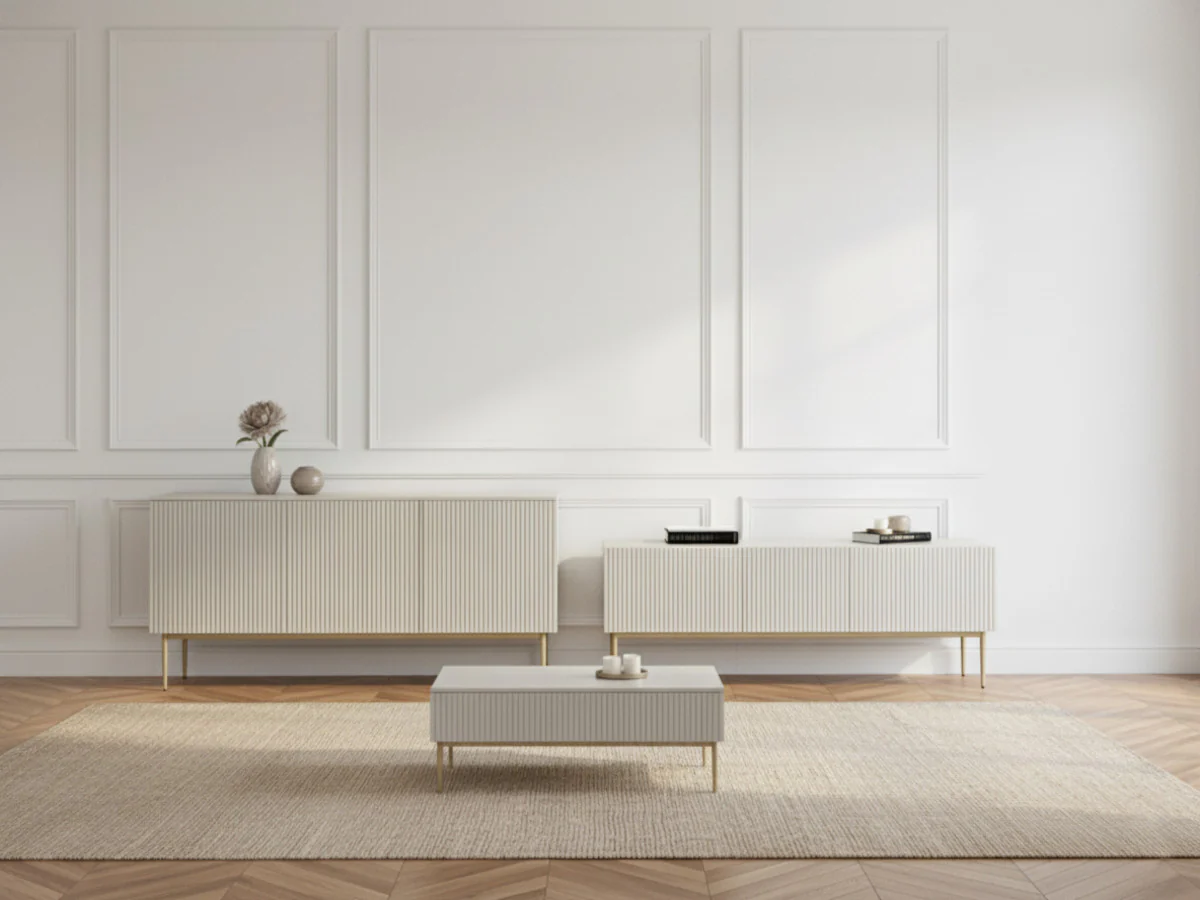 Ensemble KASHA avec meuble TV 200 cm + buffet 4 portes 200 cm + table basse pieds or