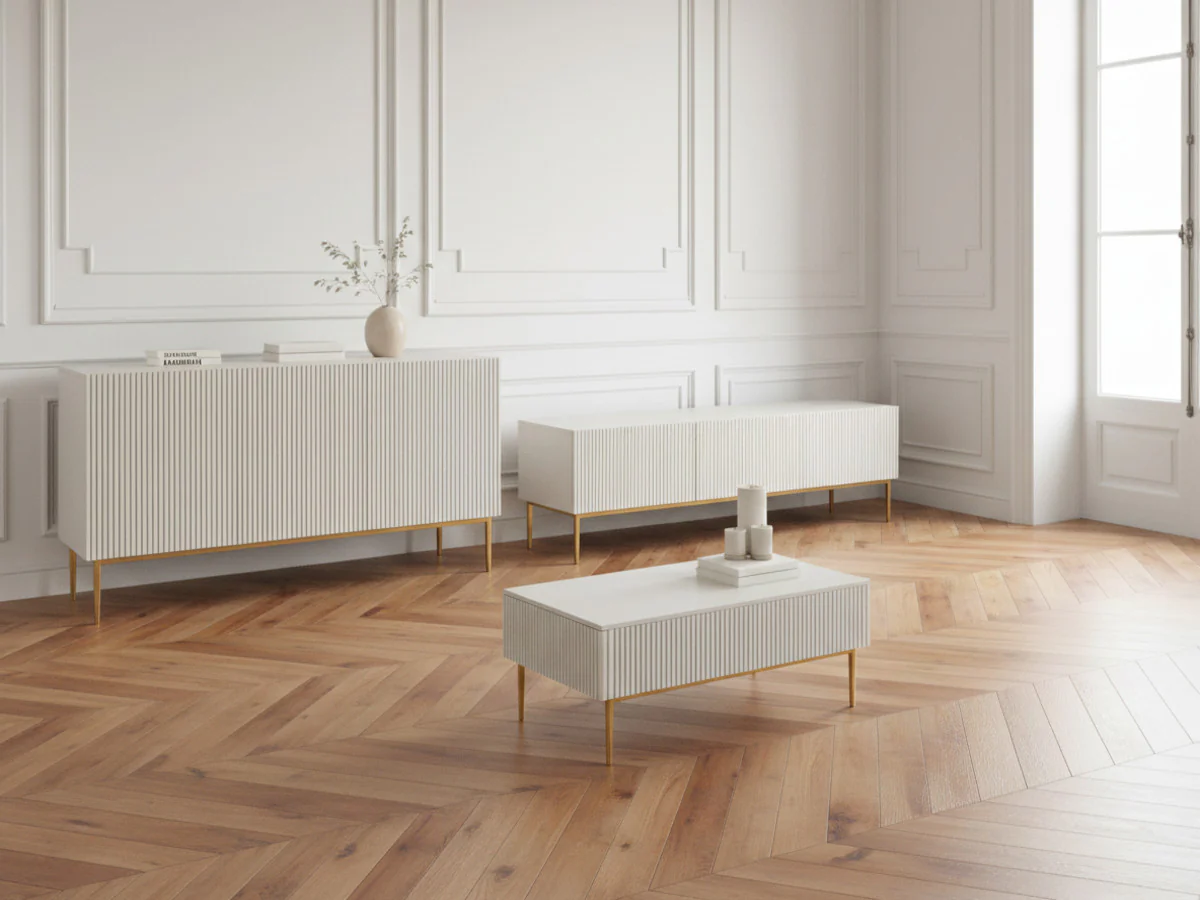 Ensemble KASHA avec meuble TV 200 cm + buffet 4 portes 200 cm + table basse pieds or - Image 2
