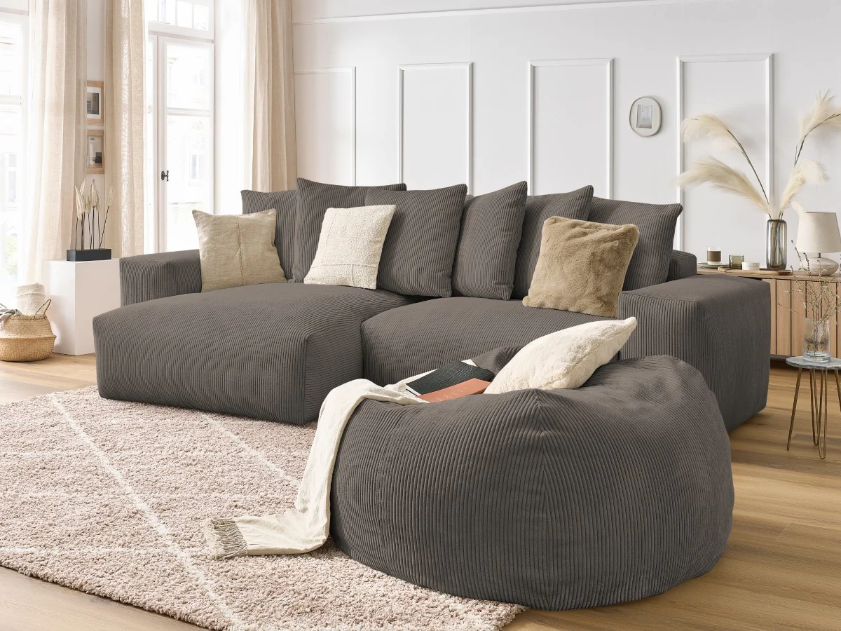 Canapé d'angle réversible VOLTAIRE velours côtelé avec pouf - Image 10