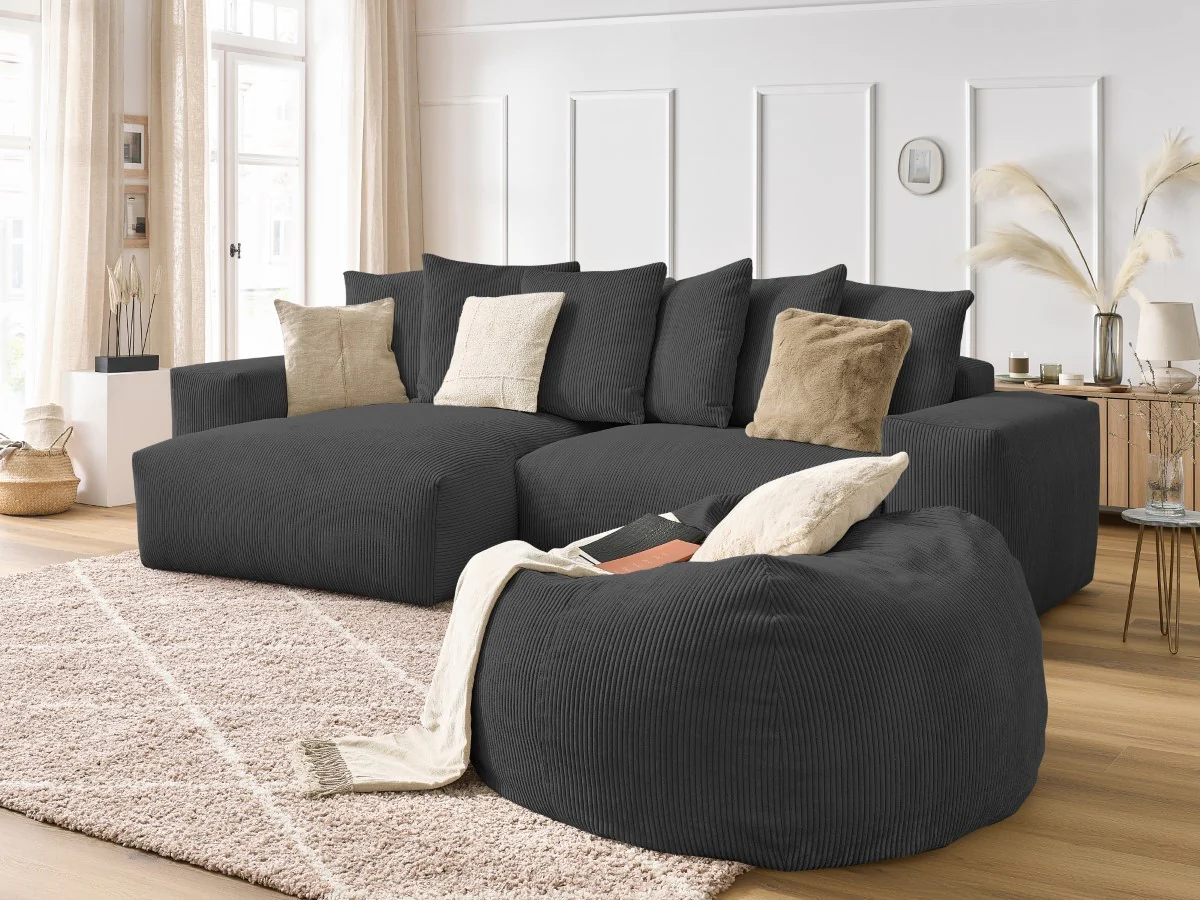 Canapé d'angle réversible VOLTAIRE velours côtelé avec pouf - Image 3