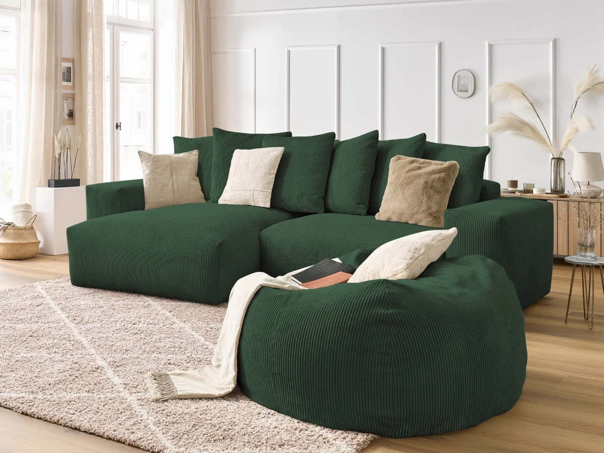 Canapé d'angle réversible VOLTAIRE velours côtelé avec pouf - Image 4