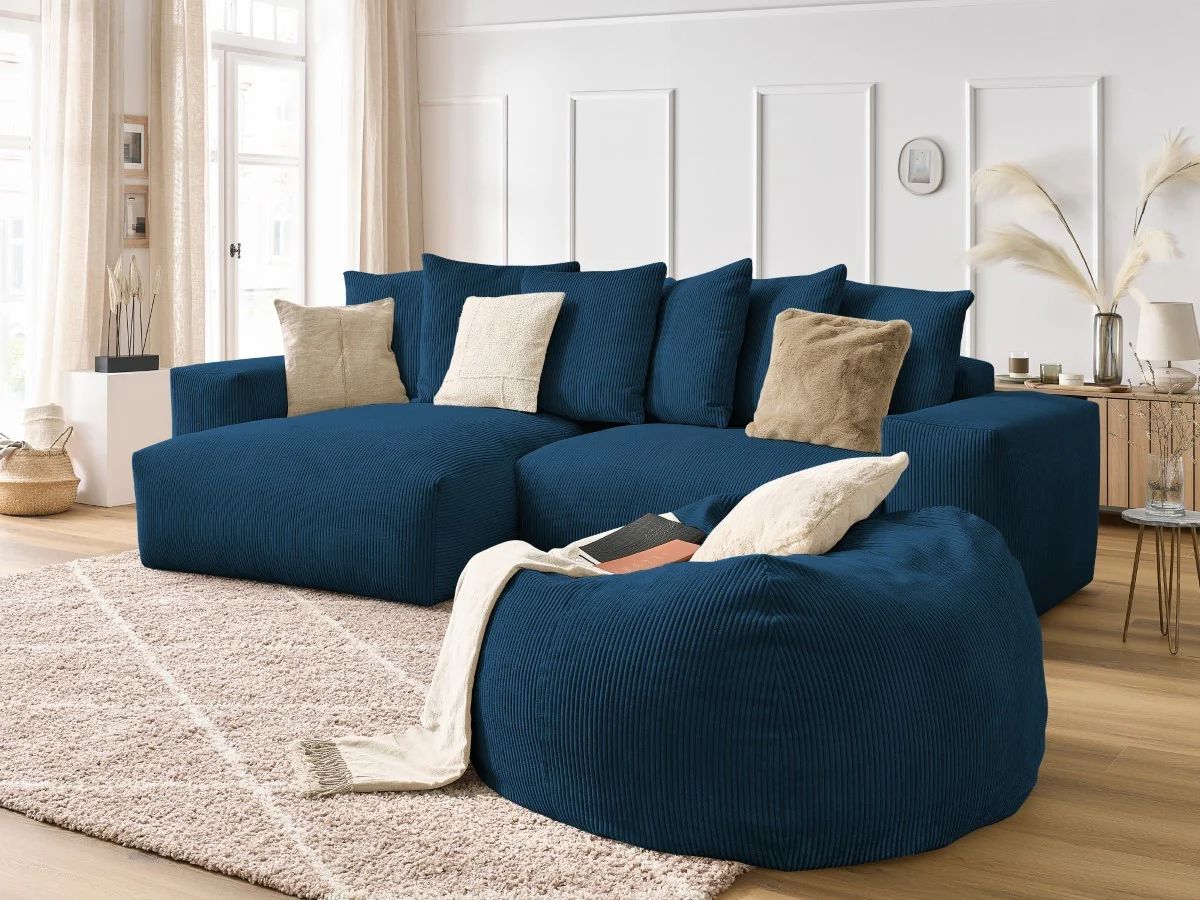 Canapé d'angle réversible VOLTAIRE velours côtelé avec pouf - Image 5