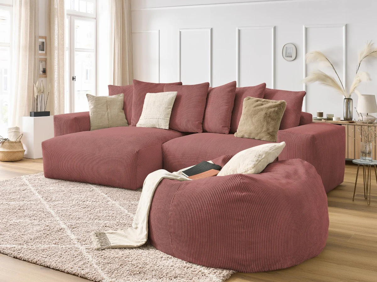Canapé d'angle réversible VOLTAIRE velours côtelé avec pouf - Image 6