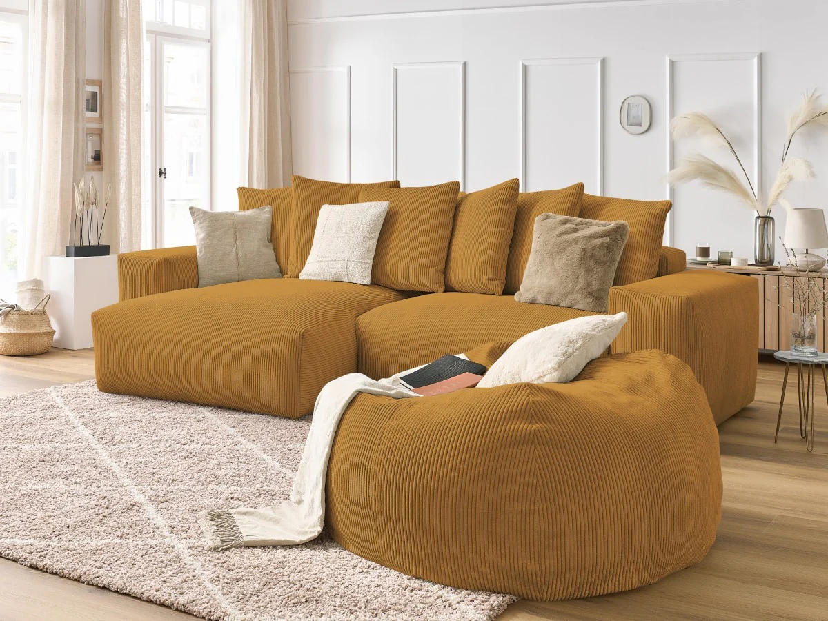 Canapé d'angle réversible VOLTAIRE velours côtelé avec pouf - Image 7