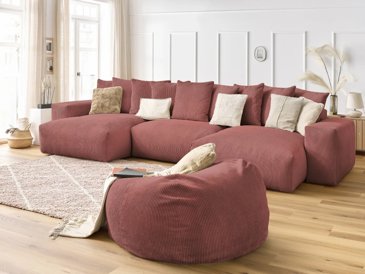 Canapé panoramique fixe VOLTAIRE velours côtelé avec pouf - Image 13