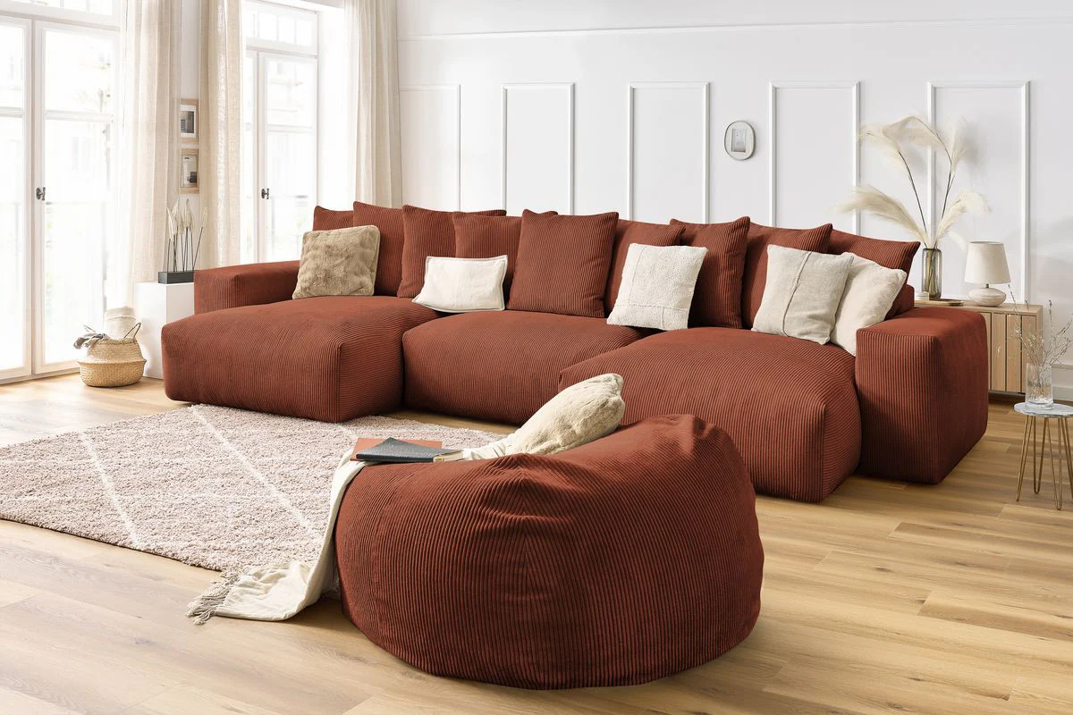 Canapé panoramique fixe VOLTAIRE velours côtelé avec pouf - Image 16