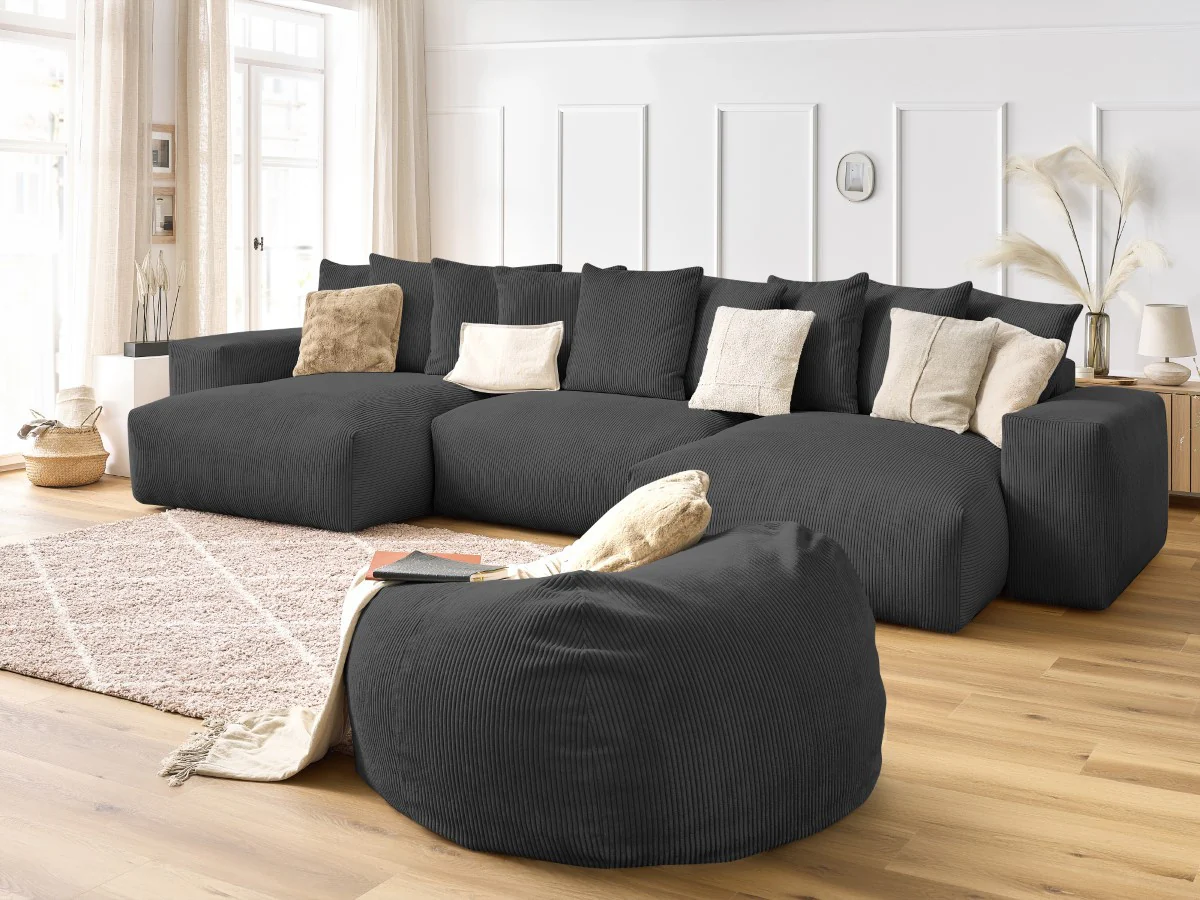 Canapé panoramique fixe VOLTAIRE velours côtelé avec pouf - Image 3