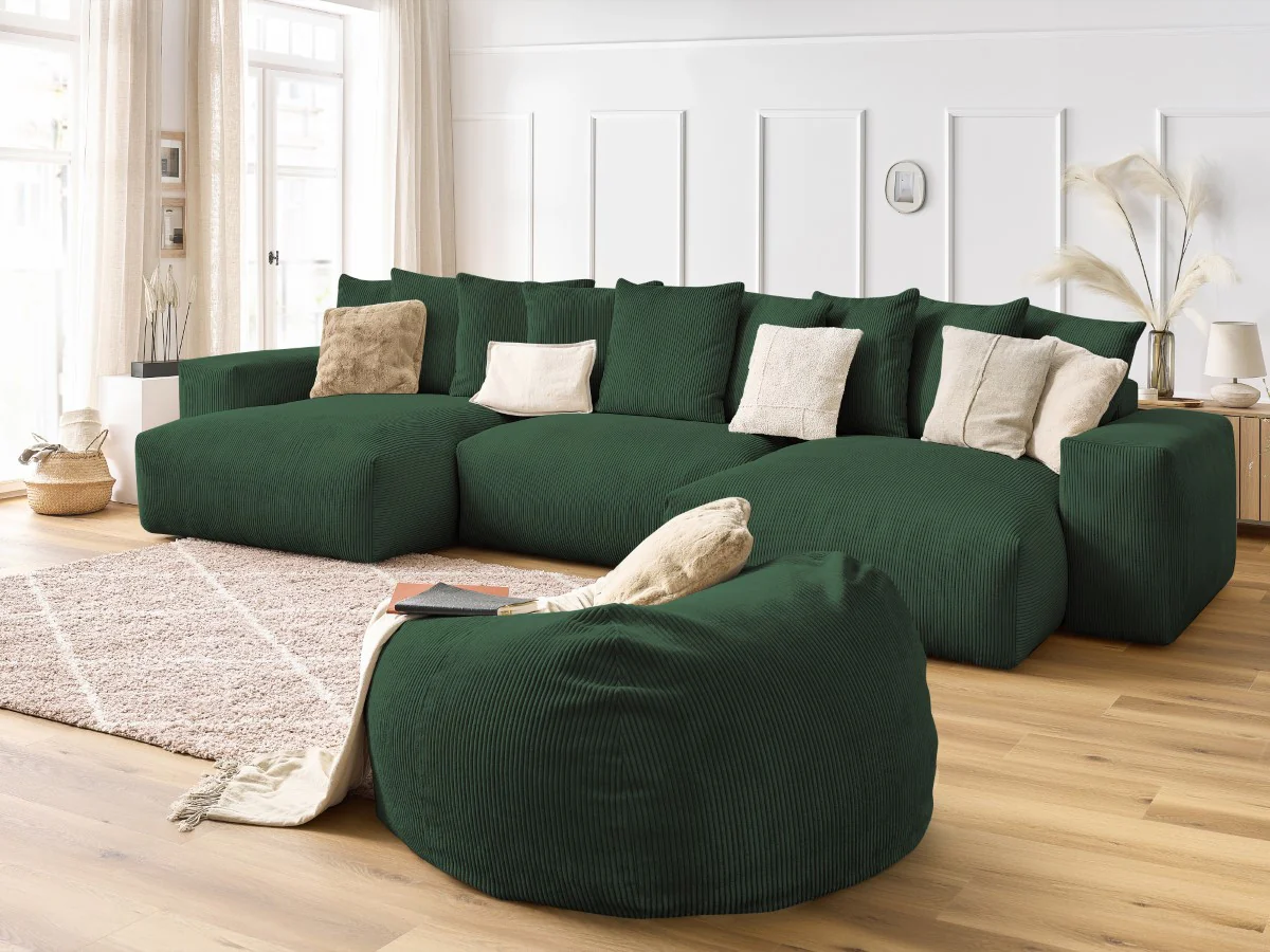 Canapé panoramique fixe VOLTAIRE velours côtelé avec pouf - Image 4
