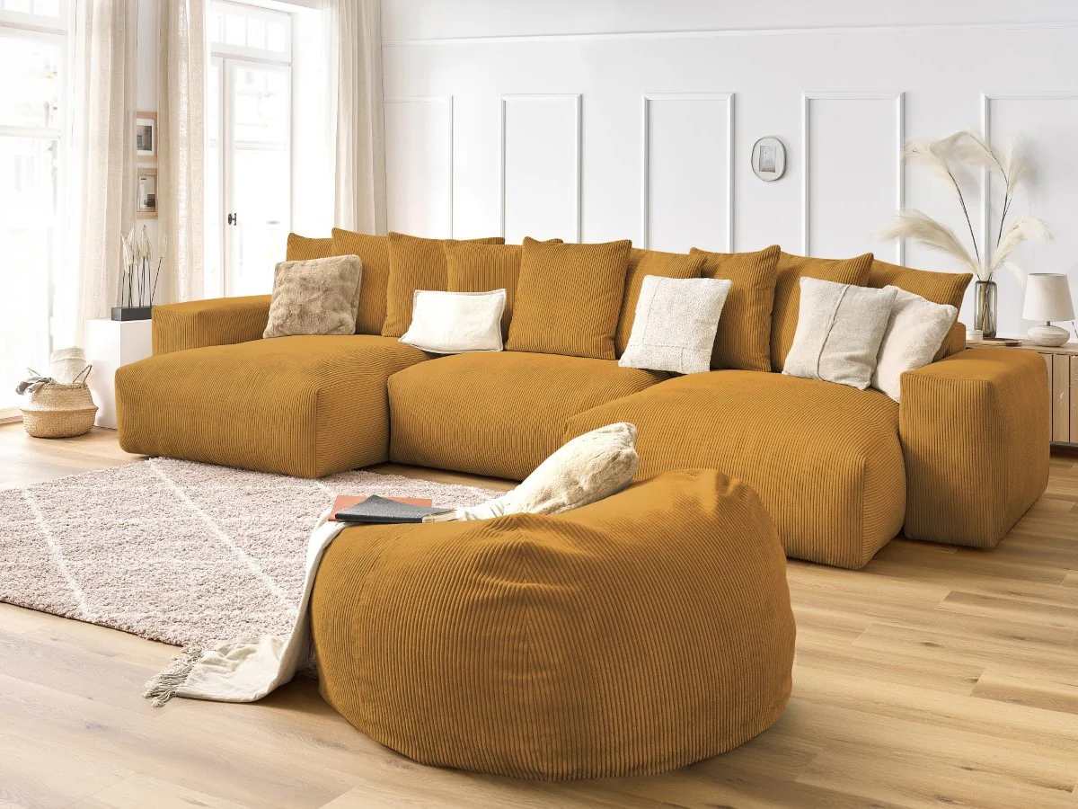 Canapé panoramique fixe VOLTAIRE velours côtelé avec pouf - Image 6