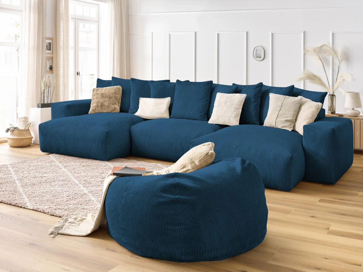 Canapé panoramique fixe VOLTAIRE velours côtelé avec pouf - Image 7