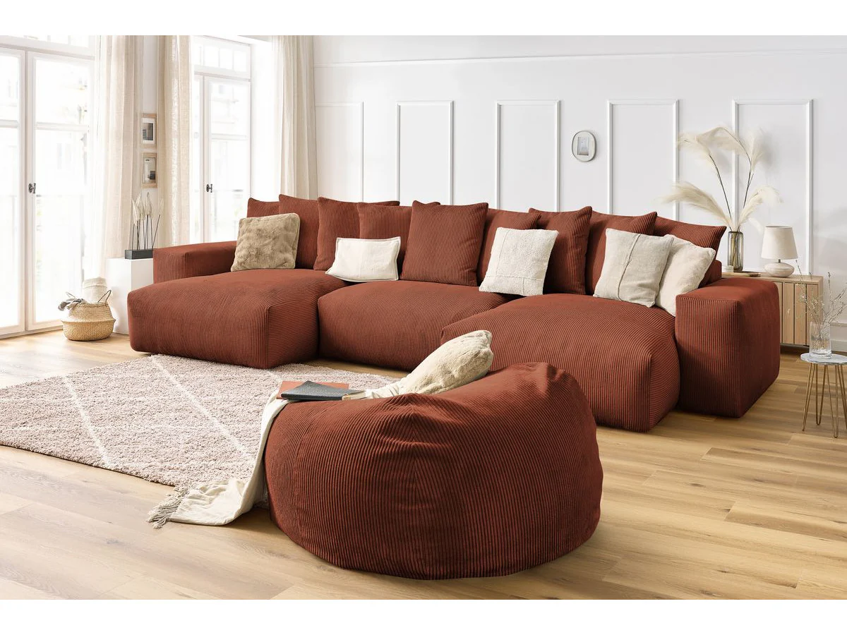Canapé panoramique fixe VOLTAIRE velours côtelé avec pouf - Image 8