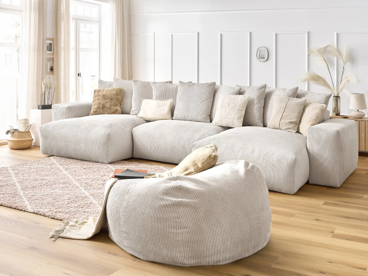 Canapé panoramique fixe VOLTAIRE velours côtelé avec pouf - Image 9